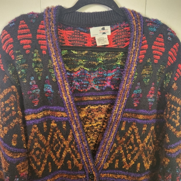 Vintage 90s Textured 3D Knit Bright Abstract V-Neck Cardigan Sweater Size Medium - Picture 2 of 11